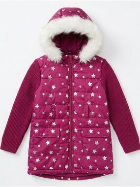 Kids - Red and Pink Puffer Jacket with Hood and Polka Dots